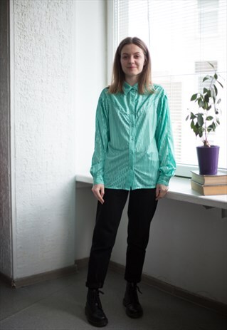 VINTAGE 80'S GREEN STRIPED BLOUSE