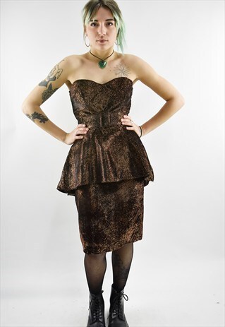 VINTAGE 80S CO-ORD /PEPLUM TOP & PENCIL SKIRT IN BRONZE