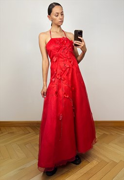 Vintage Red Silky A-Line Organza Embellished Maxi Dress