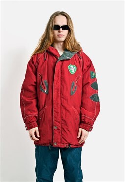 Retro 80s padded parka red hooded winter ski jacket coat 90s