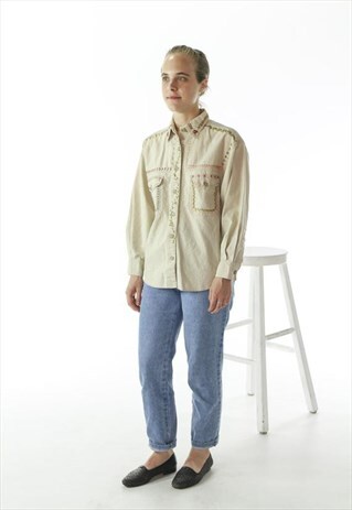 LONG SLEEVE COTTON BLOUSE / RETRO FLORAL EMBROIDERY SHIRT