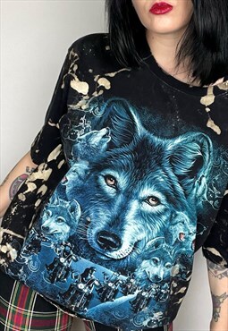Reworked acid Wash wolf Biker graphic T-Shirt size XL