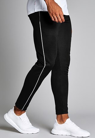 PIPED SLIM SKINNY TRACKSUIT JOGGER BOTTOMS - BLACK