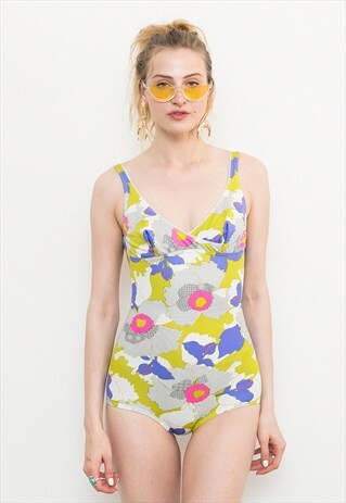 VINTAGE 80S WHITE ABSTRACT FLORAL ONE PIECE LOW LEG SWIMSUIT