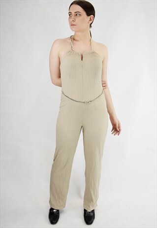 VINTAGE 90S RIBBED HALTER NECK JUMPSUIT WITH CHAIN BELT