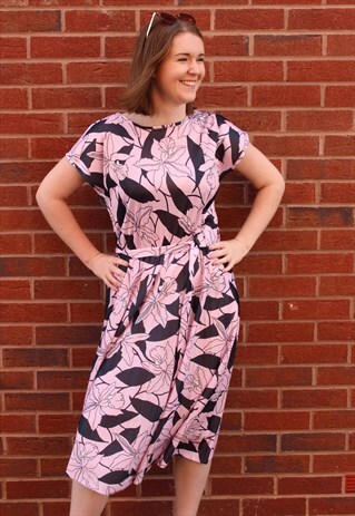 VINTAGE 80'S PALE PINK & BLACK FLORAL MIDI DRESS WITH BELT