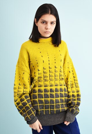 80'S RETRO OPTICAL PATTERN SLOUCHY WOOL KNIT JUMPER