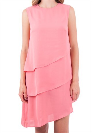 PINK CREW NECK SLEEVELESS LAYERED FRONT MINI DRESS