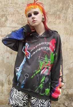 Punk graffiti hoodie flame pullover rainbow top in acid grey