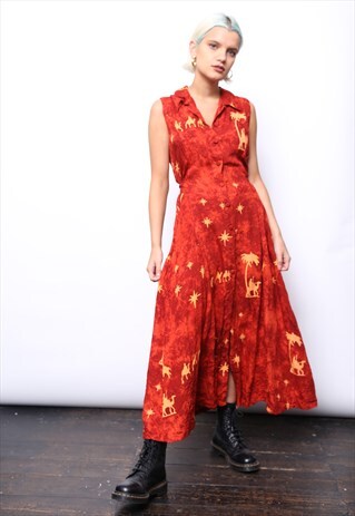 VINTAGE 90S RED CAMEL PRINT MIDI BUTTON DRESS