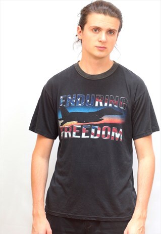 VINTAGE FADED BLACK GRAPHIC 'ENDURING FREEDOM' PRINT T-SHIRT