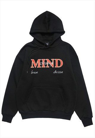 SLOGAN HOODIE STRONG MIND PULLOVER SKATER TOP IN BLACK