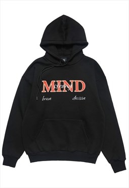 Slogan hoodie strong mind pullover skater top in black