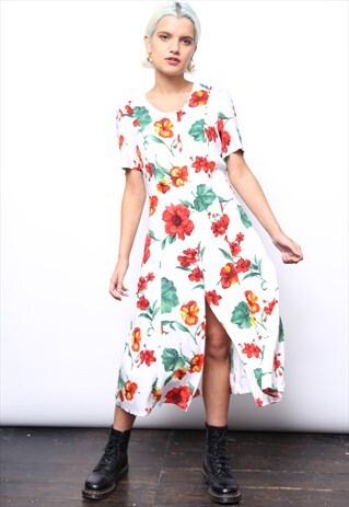 VINTAGE 90S RED WHITE FLORAL PRINT BUTTON MIDI DRESS