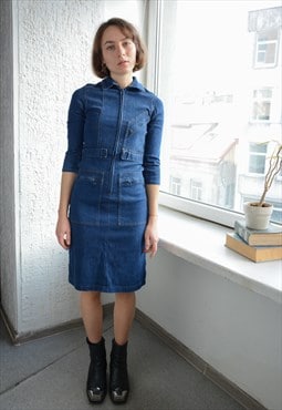 Vintage Blue Stretchy Denim Midi Dress