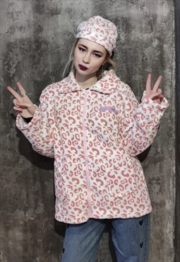 Leopard shirt jacket animal print blouse cap set  in pink