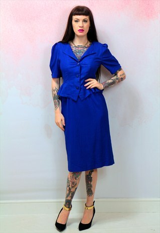 1980S VINTAGE 40'S STYLE BLUE PEPLUM PENCIL SKIRT MIDI DRESS