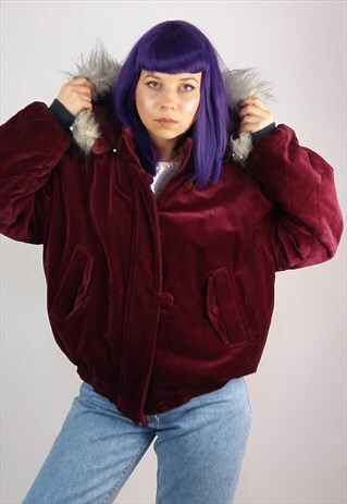 VINTAGE 90'S VELVET VELOUR BURGUNDY PUFFY JACKET