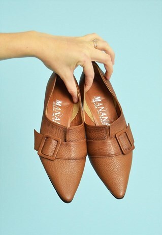 70'S RETRO MOD STYLE MINIMALIST LEATHER POINTY NOSE PUMPS