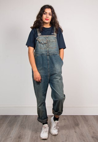 VINTAGE 90'S FADED DENIM LONG LENGTH DUNGAREES