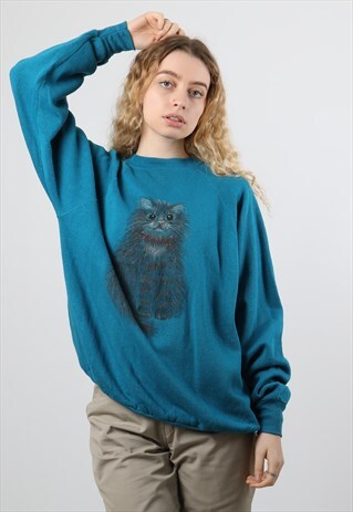 VINTAGE LARGE BLUE PRINTED CAT SWEATSHIRT
