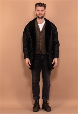 Vintage 80's Men Sheepskin Leather Coat in Black