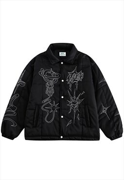 Quilted Gothic jacket embroidered bomber punk puffer black