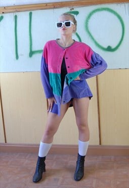 Vintage 80's disco fleece soft shirt jacket in purple pink
