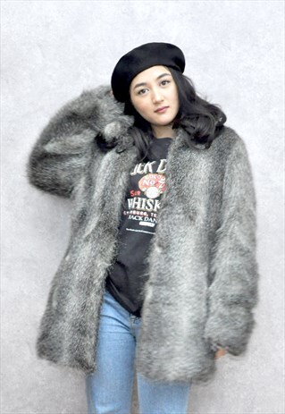 VTG 90S GREY FAUX FURLONGHAIR COAT