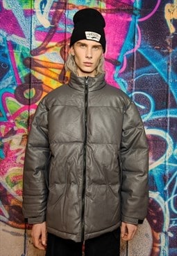 Faux leather quilted bomber PU padded puffer jacket in grey