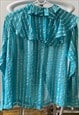 PUFF SLEEVE BLUE COTTON RUFFLE BLOUSE, STRIPED SILVER LUREX 