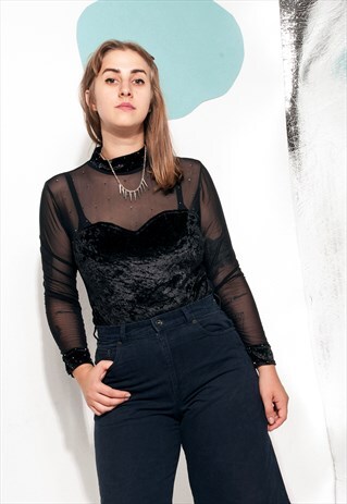 SHEER BODYSUIT 80S VINTAGE CRUSHED VELVET BODY IN BLACK