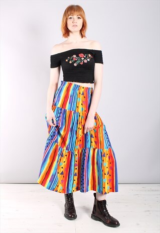 VINTAGE 80S BRIGHT STRIPE TIERED MAXI SKIRT