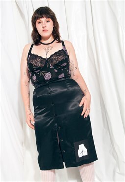 Reworked Skirt 70s Vintage Black Satin Feminist Patch Midi