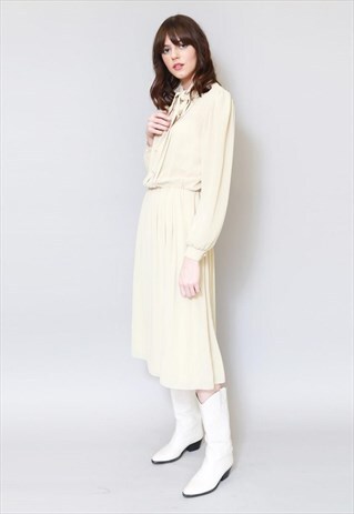 VINTAGE 1970'S CREAM STRIPED PUSSY BOW MIDI DRESS