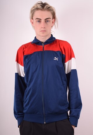 PUMA MENS VINTAGE TRACKSUIT TOP JACKET LARGE NAVY BLUE 90S