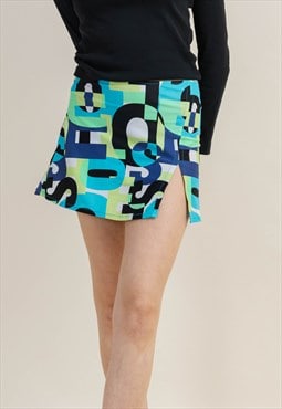 Vintage Y2k Mini Blue Letter&Number Print Slit Skirt XS