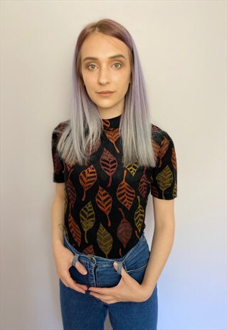 VINTAGE 90S BLACK ORANGE YELLOW LEAF TURTLENECK TOP