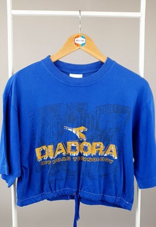 VINTAGE DIADORA CROP T-SHIRT REWORKED TOP BLUE YELLOW 90S