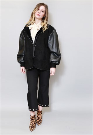 VINTAGE 1980'S BLACK LEATHER ARM SHEARLING AVIATOR COAT