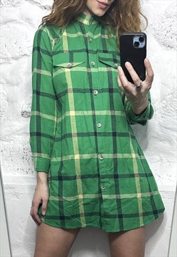 70s Green Plaid Shirt Dress - Small