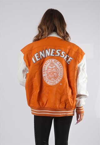 VINTAGE LEATHER BOMBER JACKET OVERSIZED VARSITY UK 18 (9D4A)