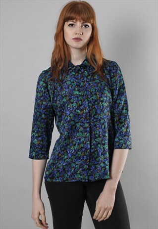 VINTAGE 80S SATIN BLUE FLORAL PATTERNED BLOUSE TOP