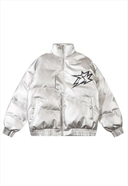 Metallic bomber jacket silver puffer utility coat in grey