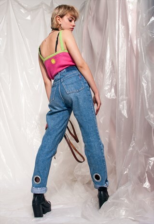 VINTAGE JEANS 90S REWORKED SILVER EYELET MOM DENIM TROUSERS
