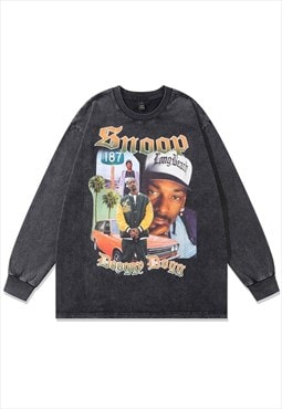 Vintage wash rapper t-shirt long hip-hop tee skater top grey