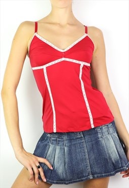 Vintage Cute Y2K Red Mango Top with White Lace