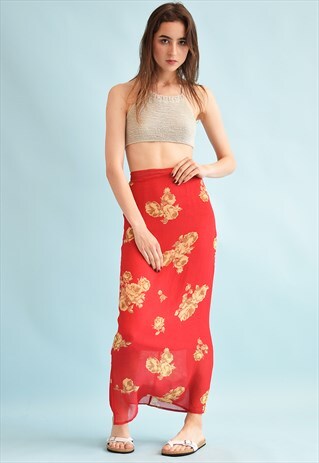 90'S RETRO FESTIVAL FLORAL PRINT MAXI SKIRT