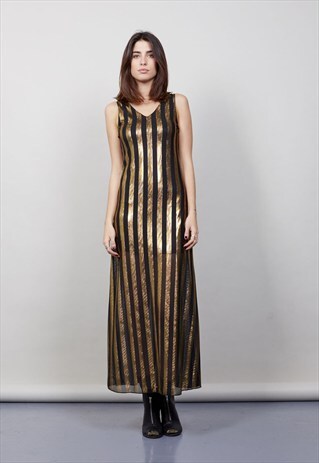 VINTAGE BLACK AND GOLD MAXI BODYCON DRESS