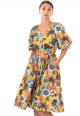 Oversized puff sleeve midi dress in COCONUT TREE Print